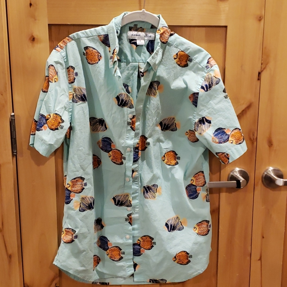 Light turquoise men's button down, fish pattern
